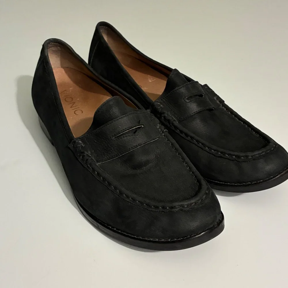 Vionic Womens 8.5 Waverly Black Nubuck Leather Penny Loafers Slip On Shoes